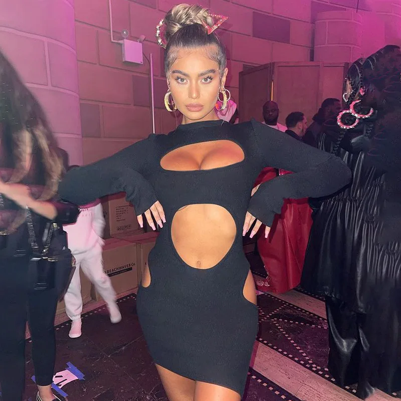 IKEBEL Cheap Price Spring Women Fashionable Sexy Solid Color Hollow Out Navel Revealing O  Neck Long Sleeve Casual Dress