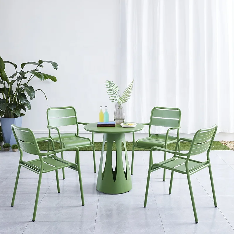Green Modern Garden Restaurant 5 Piece Dining Set Furniture Outdoor Patio Aluminum Round Table and 4 Seater Chair