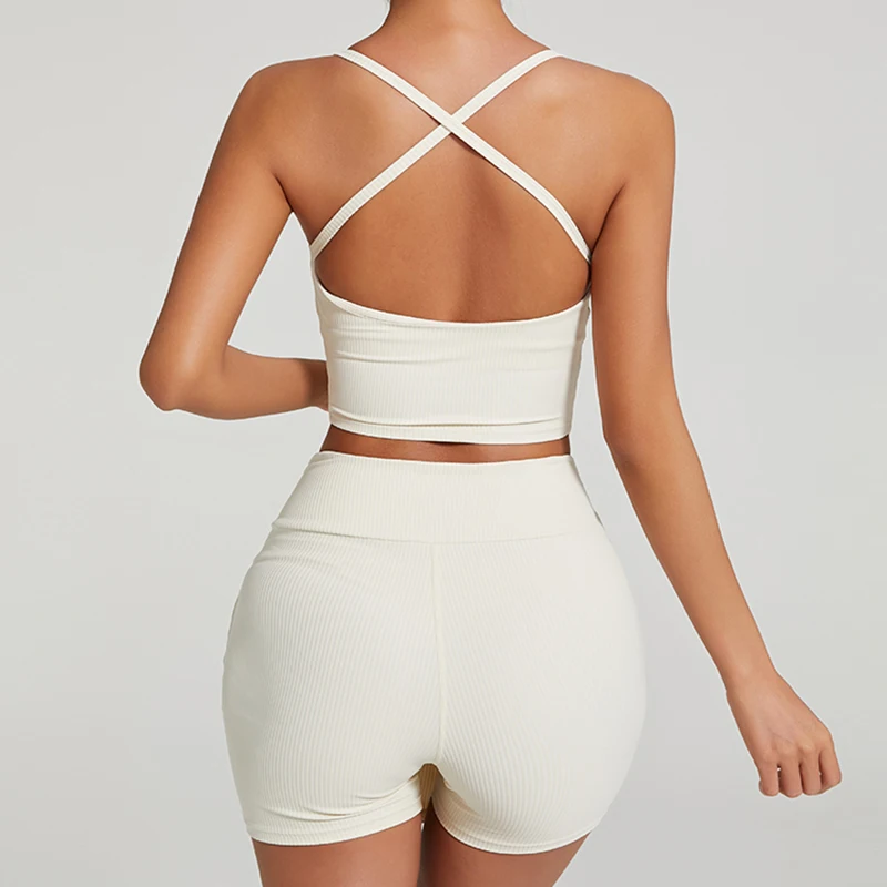 SHINBENE 2Pieces Fitness Suit Outfits Women Slim Fit Irregular Shorts Tank Top Sets Training Bra Yoga Wear