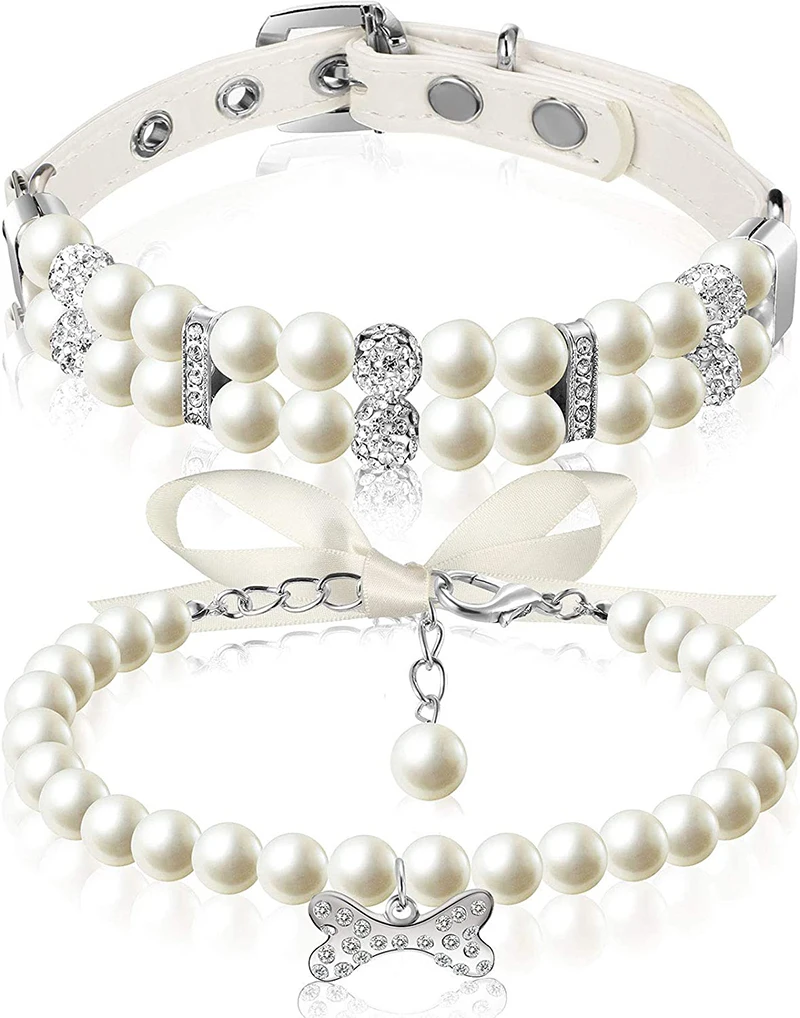 Jewelry Pearl Pet Dog Collar , Cute Bow Dog Cat Collar for Teddy Poodle Bulldog Yorkshire