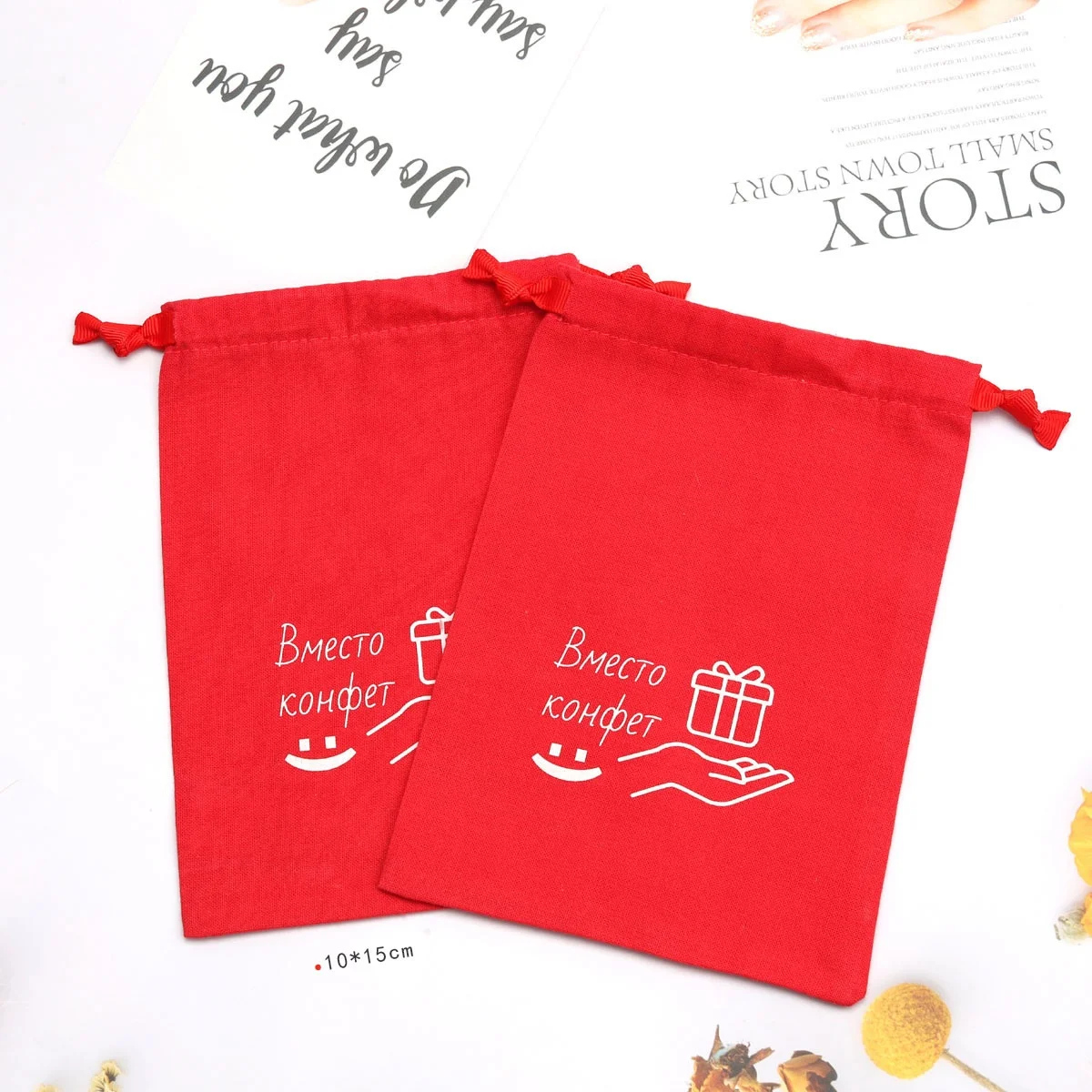 100% Cotton Linen Pouch Custom Logo Printed Red Cotton Weeding Party Favor Gift Packaging Muslin Bag