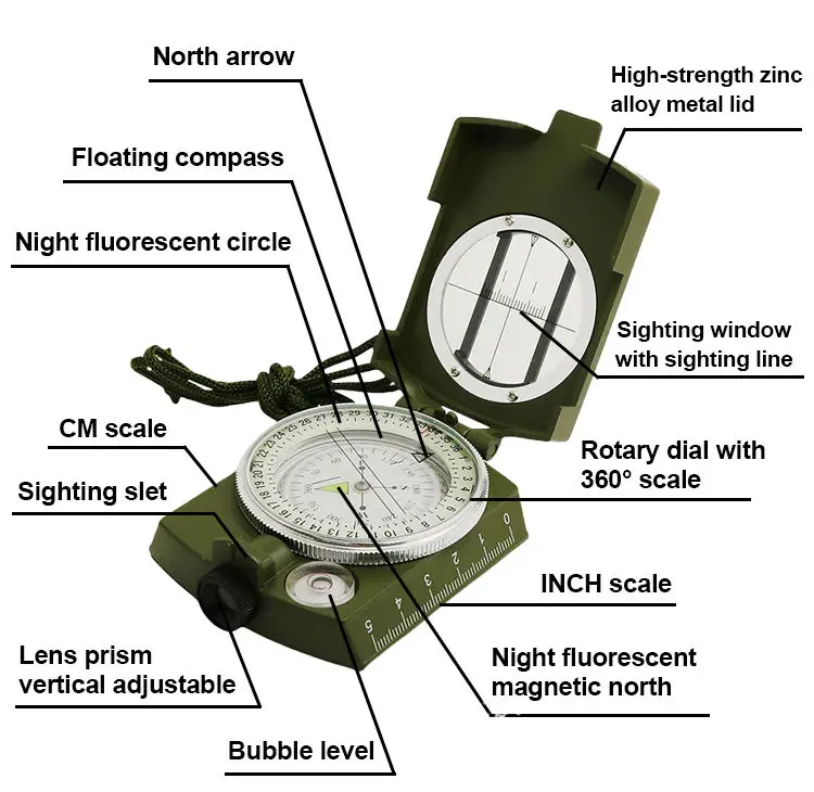 Outdoor vintage mirror geological precision tactical travel plotting survey clinometer compass
