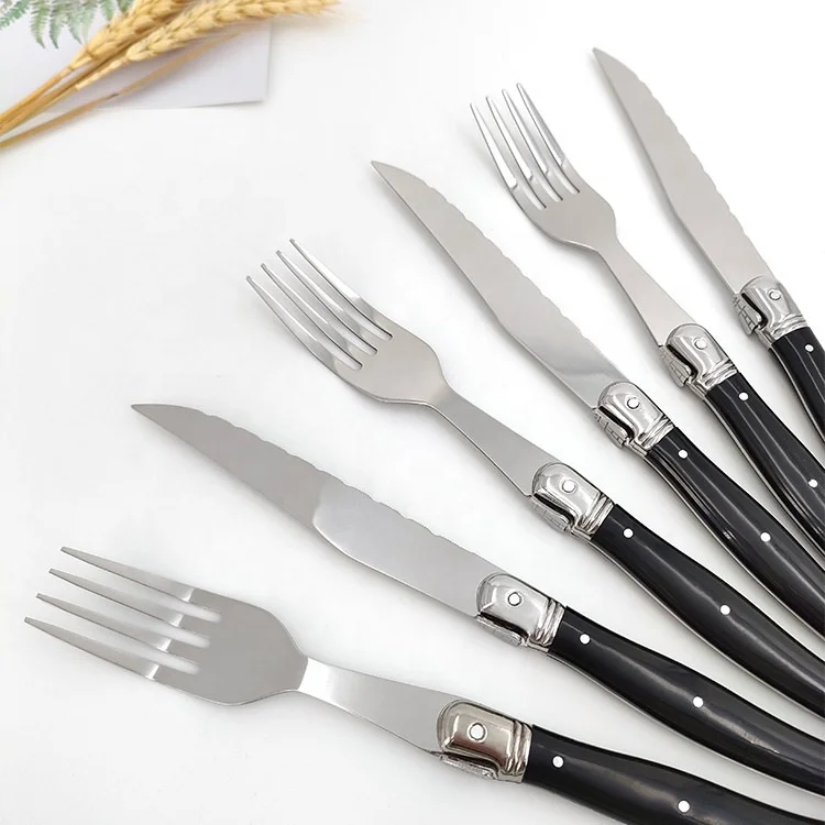 Amazon Hot Sale Reusable ABS Handle Stainless Steel Cutlery Set Black Handle Fork And Steak Knife Flatware Set