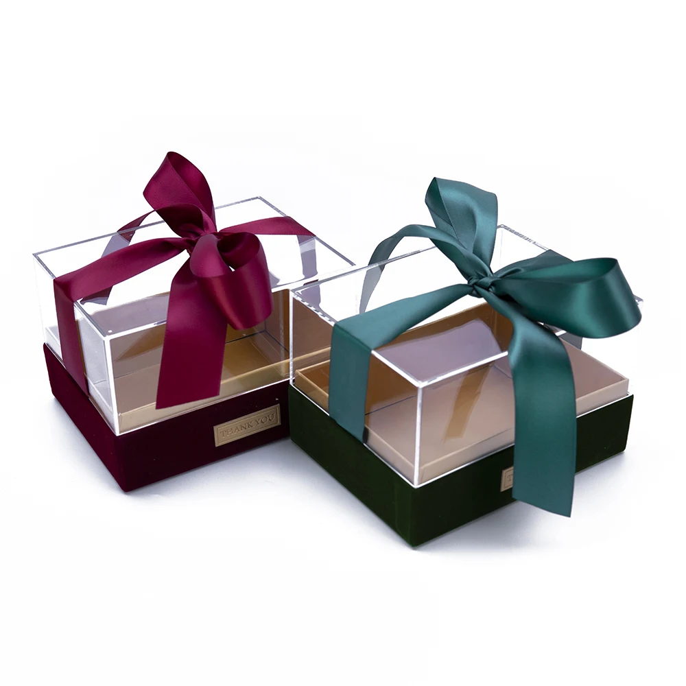 Acrylic Cover Lid Paper Boxes Transparent Chocolate Gift Box with Ribbon