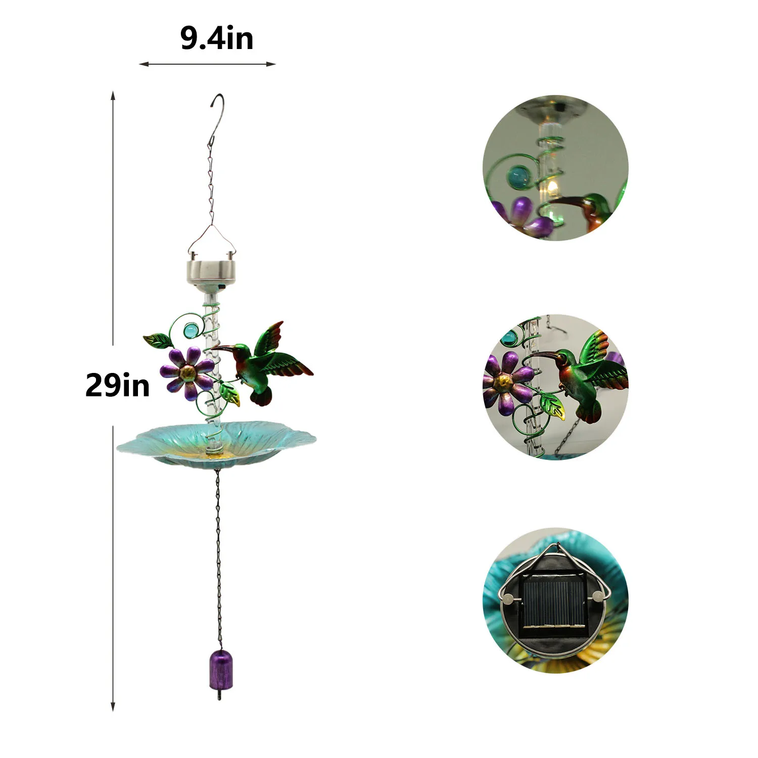 Retro Solar Color Changing Light Metal Bird Feeders Wind Chimes Hanging Bird Feeder For Garden Yard Outside Decoration