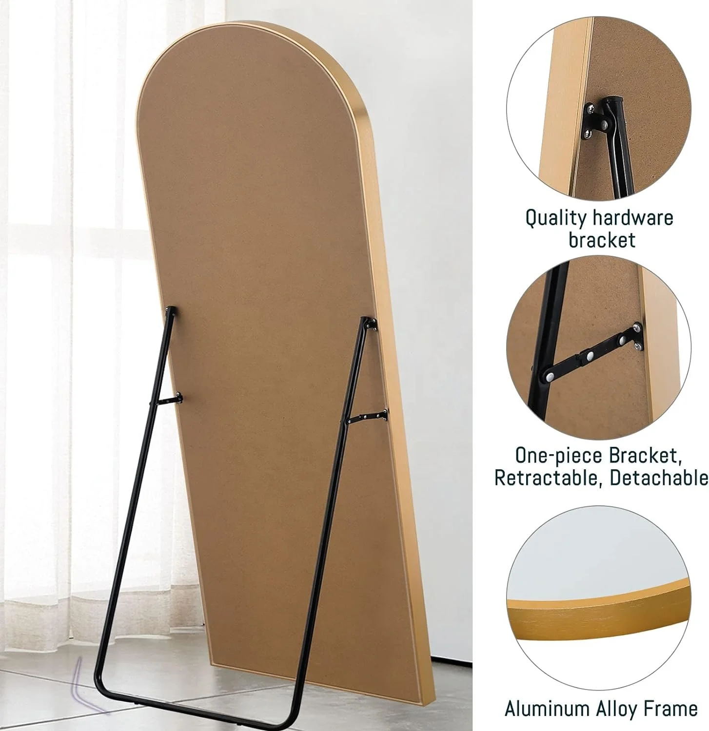 Gold arch and round framed design long large floor mirror full length body standing wall living room mirror glass wholesale