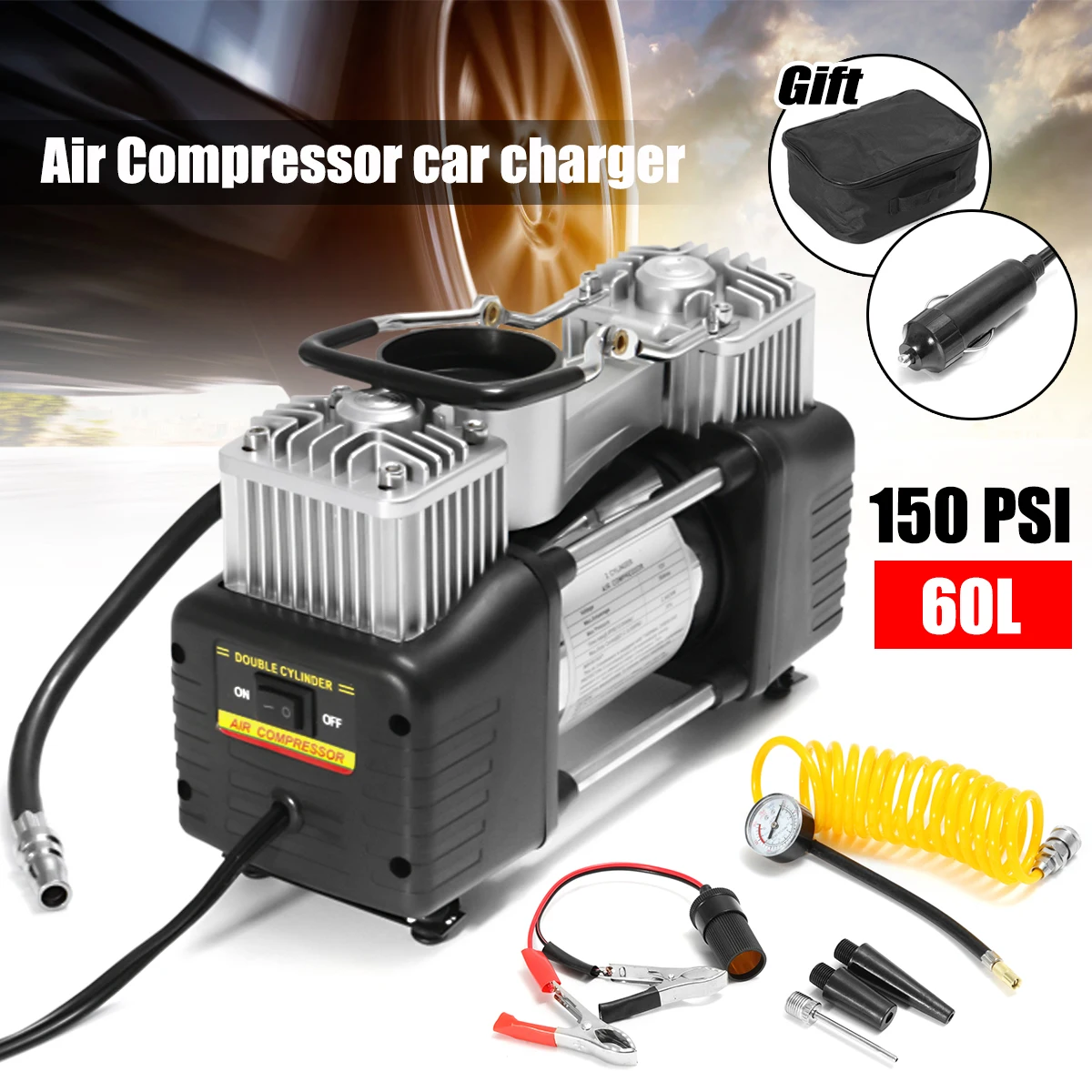 Tire Repair Tool Plastic Box Double Cylinder Car Air Compressor Tire Pump Auto Air Inflator