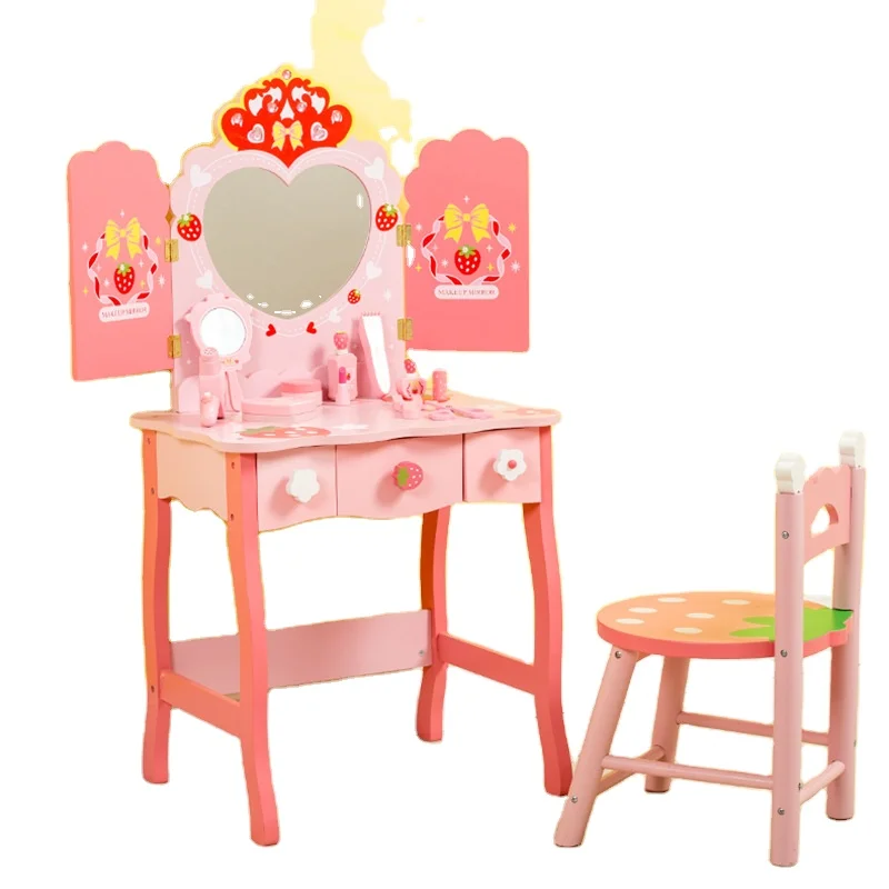 Educational Pretend Role Play toys Drawing Makeup Game Toy Wooden Pink Princess Dressing Table Toy