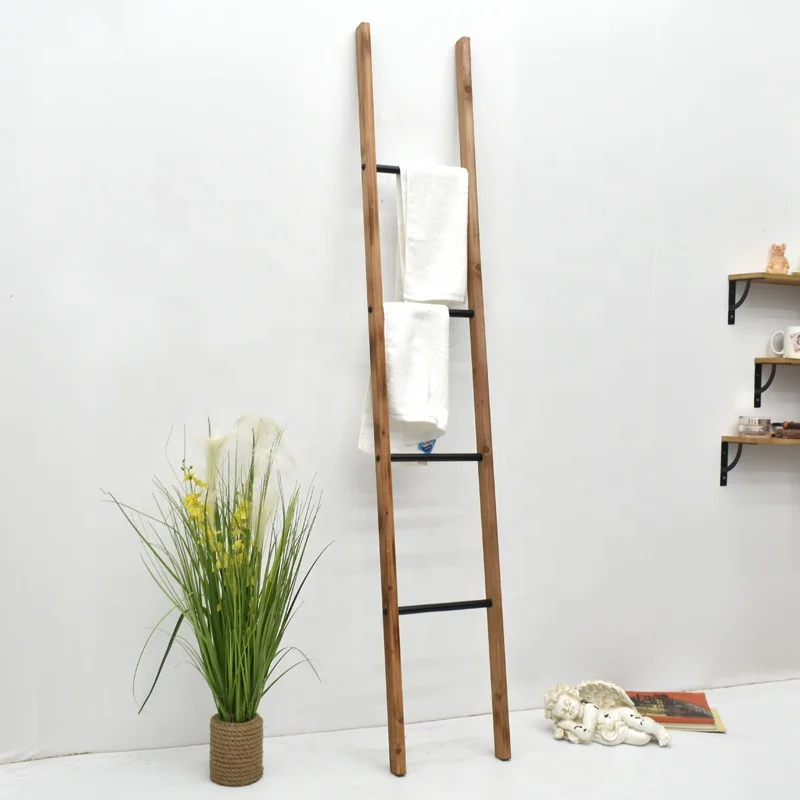 Custom 4 Ft Decorative Ladder Farmhouse Wall Leaning Blanket Ladder with Iron Rungs, Rustic Wooden Ladder Shelf  For Living Room