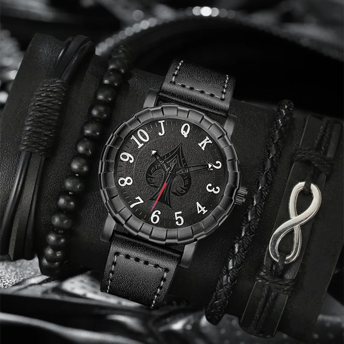 5 PCS Men Watch Fashion Leather Band Spade Poker Dial Watch Luxury Casual Quartz Watch With Bracelets Male Clock Gift