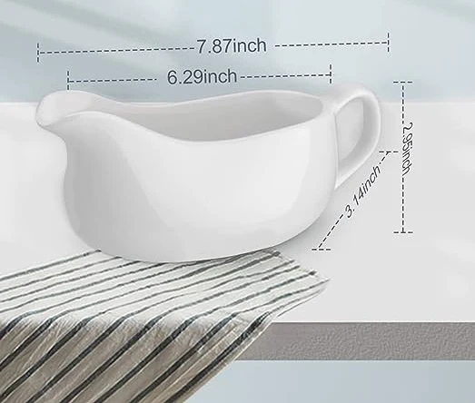 14 Oz Large Gravy Boat White Fine Porcelain Saucier Salad Dressings Pitcher with Ergonomic Handle