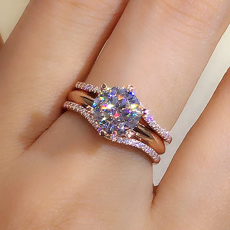 Fashion Ring Jewelry Women Big Round cut Diamond Cz Zirconia Engagement Ring Rose Gold Plated Wedding Rings