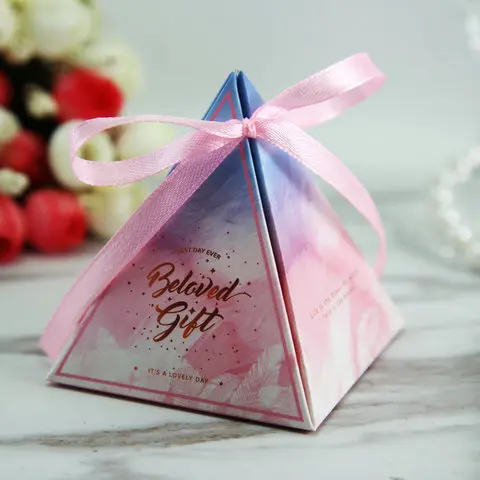 Factory Customize Wholesale from Stock Triangle Exquisite Cute Baby Wedding Candy chocolate Small Gift Paper Box With Ribbon Bow