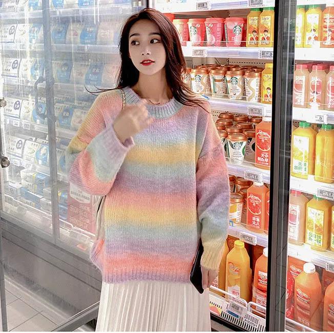 Japan Fashion Knit Sweater Rainbow stripe Pullover Loose Cocoon Lazy Style Knit Top