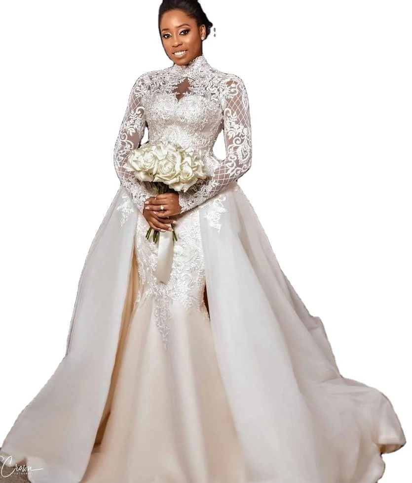Simple Wedding Dresses Mermaid Bridal Gown Bride Lace Long Sleeve Stand Collar Detachable Train Wedding Dress