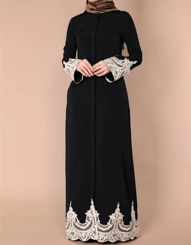 Trendy Lace Trim Black Muslim Abaya Button Down Muslim Malaysia Gown Modern Islamic Clothing For Women