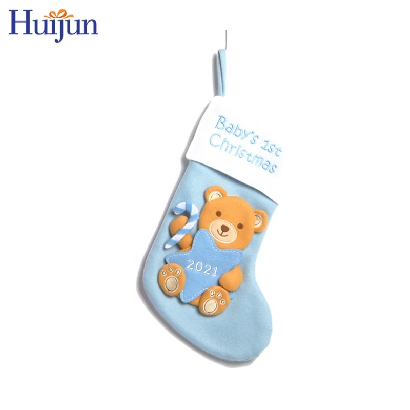 2021 Lovely 16 inch Soft Fleece Baby Christmas 3D Bear With Star Stocking Wholesale Gift Bag Baby First Xmas Tree Decorations