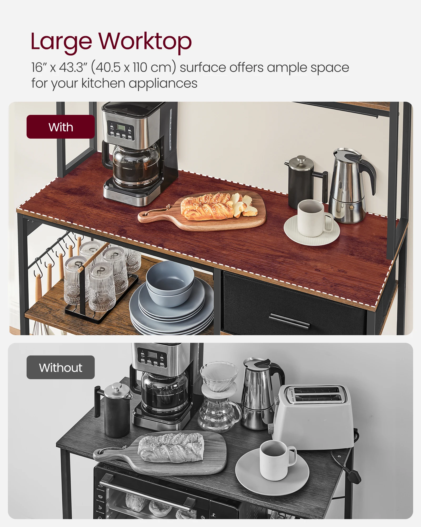 VASAGLE Kitchen Coffee Bar Stand Adjustable Storage Shelves Bakers Rack with Charging Station
