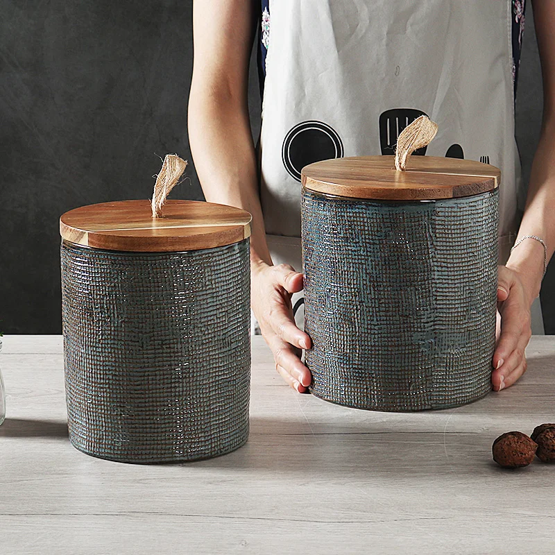 Custom Kitchen Organizer Jars Food Canisters Vintage Embossed Reactive Glazed Ceramic Sugar Tea Coffee Storage Jar