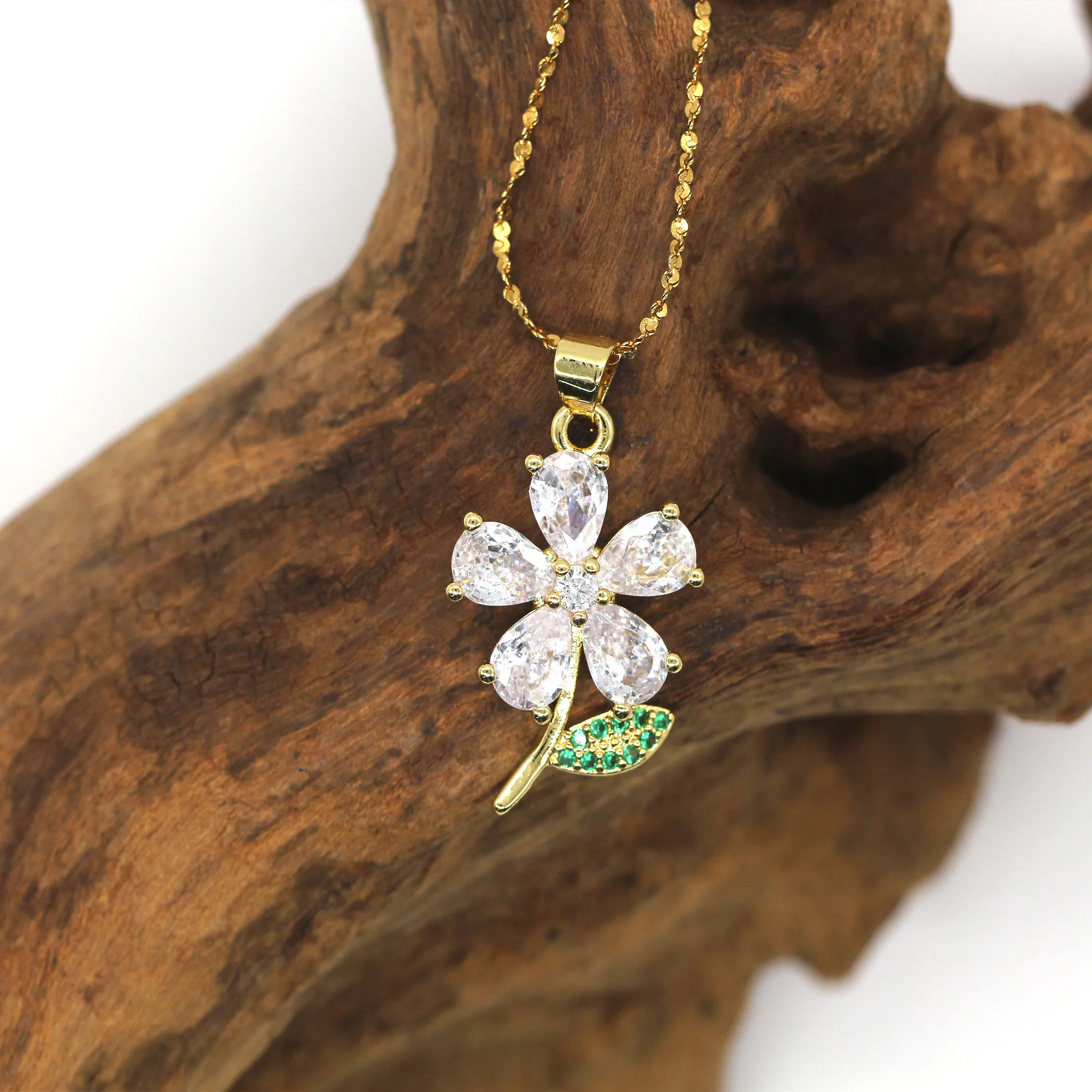 Fashion jewelry Lovely 18K Gold Plated Zircon Pave Puff Flower Moon shape Waterproof  Pendant Charms Necklace For Girls