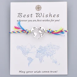 Bohemian Style Rope Braided Heart Bracelet Lover Couple Best Wishes World Map Charm Bracelets Women Wish Jewelry Gift