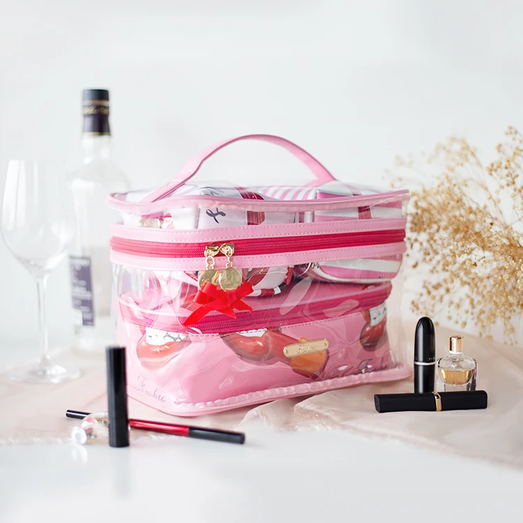 High Quality Promotional Pink Holographic Gold Zipper Travel Makeup Transparent Waterproof Travel Clear Pvc Cases Cosmetic Bags