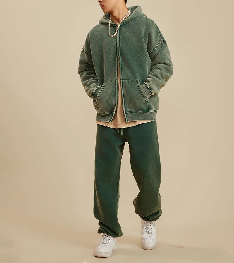 OEM heavyweight cotton fleece mens acid washed oversized dropshoulder zipper up hoodies zip jacket custom logo streetwear