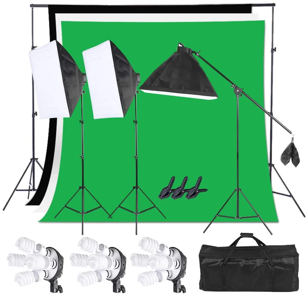 Photography Studio Softbox Lighting Kit with 6.5ftx10ft(2X3Meters) Background Support System Including