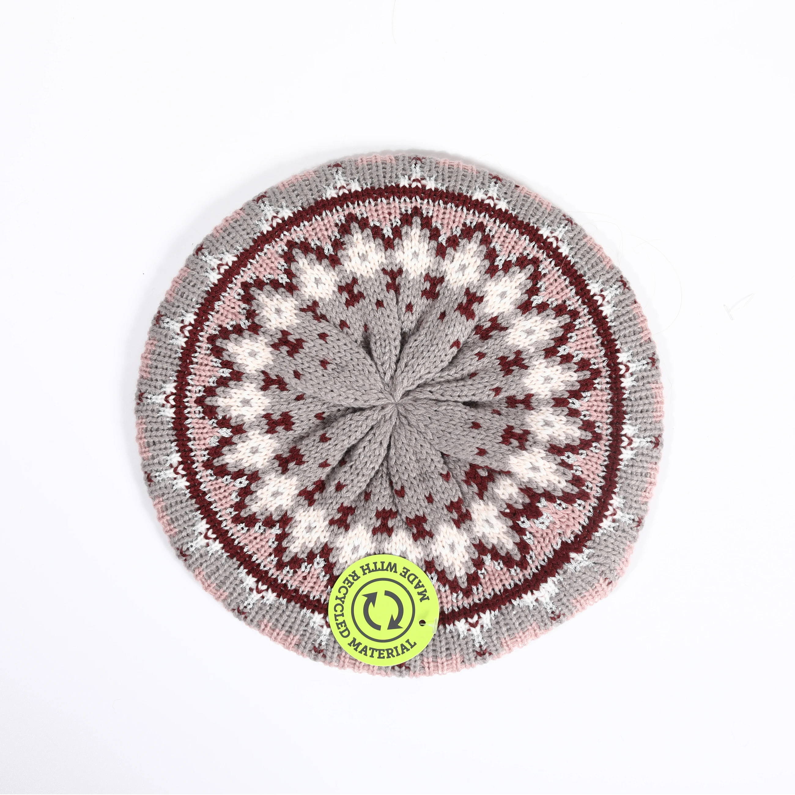 OEM ODM women recycled material jacquard fairisle knitted beret hat and scarf hat beret gift set