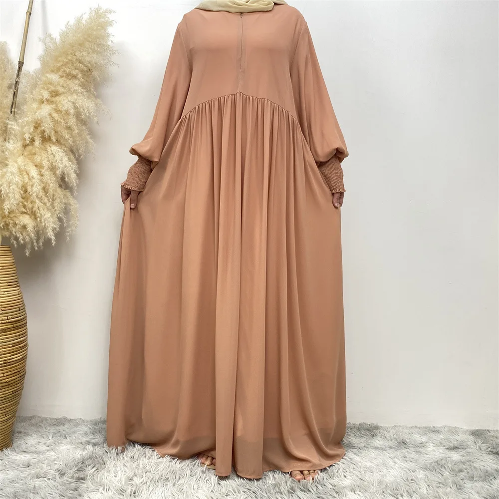 New Arrival High Quality Chiffon Dresses Summer Solid Color Pleated Elastic Cuff Abaya Women Muslim Dress With Front Zipper