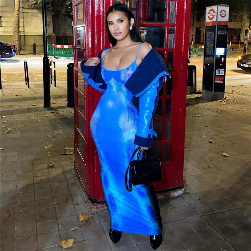 2023 Spring New Arrivals Dye Tie Sling Dress Women Sleeveless Long Backless Slip Bodycon Dresses