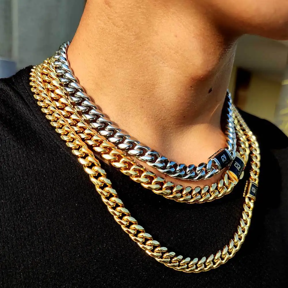 Hot Selling Statement Personalized Jewelry Sliver Stainless Steel Punk Gold Cuban Link Chain Heavy Necklace For Men