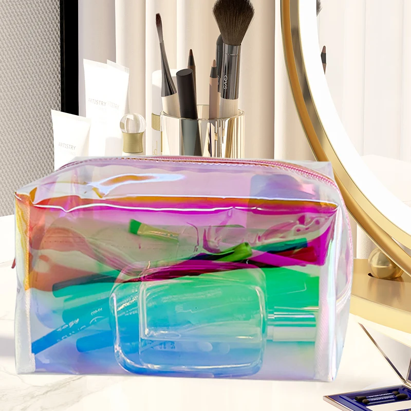 Hot Fashionable Holographic Waterproof Ladies Cosmetic Bag Rainbow Colored Portable Travel Storage Bag