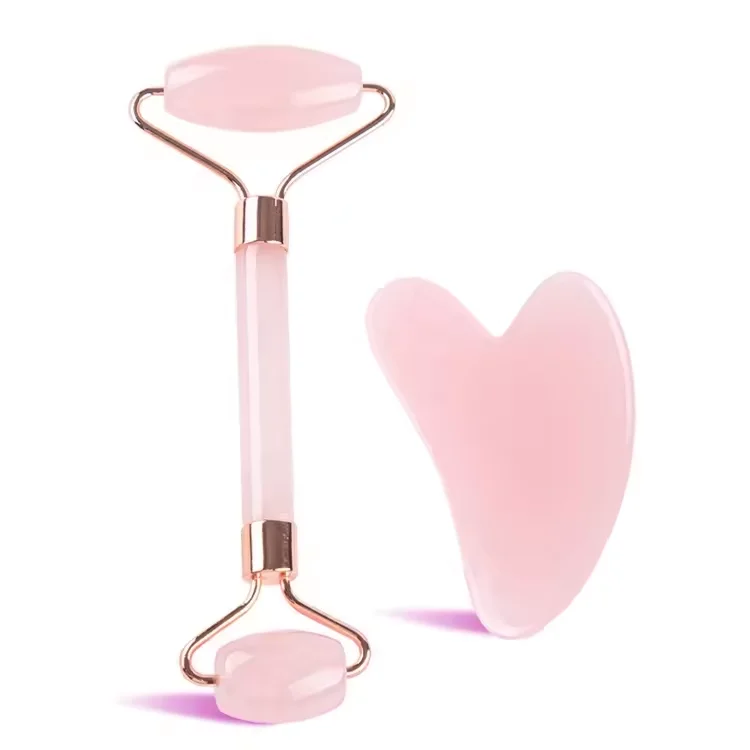 High Quality Pink Jade Roller Face Massage Roller Jade Guasha Stone Hot Selling Jade Roller Guasha Set