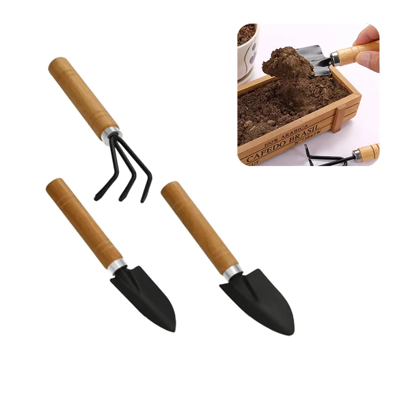 Gardening Gifts Metal Wood Mini Garden Tool Set 3 Pieces Iron Gardening Kit Including Shovel and Rake with Wood