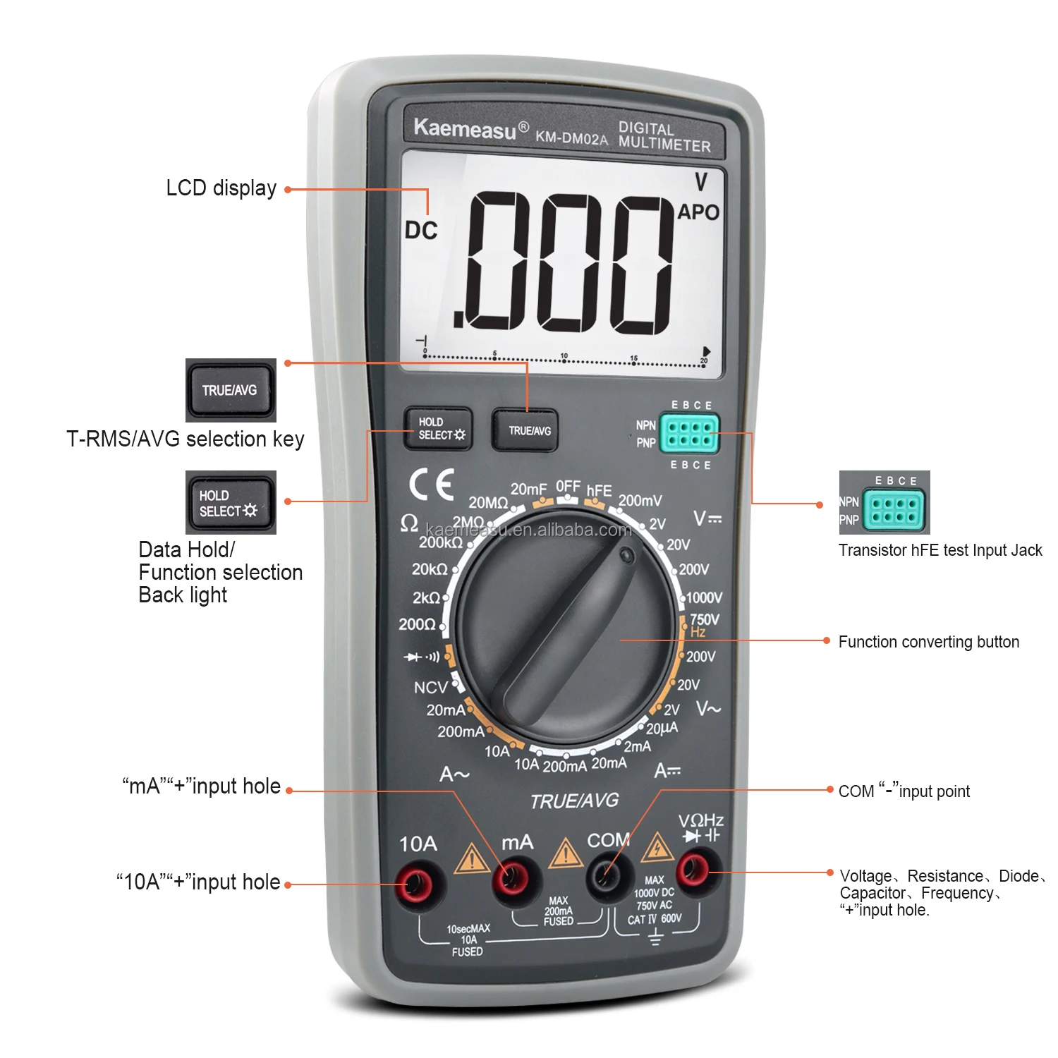 OEM ODM  Anti burn Digital Multimeters Clamp meter ture rms battery diode hFE tester voltage detector multimeter for sale 02A