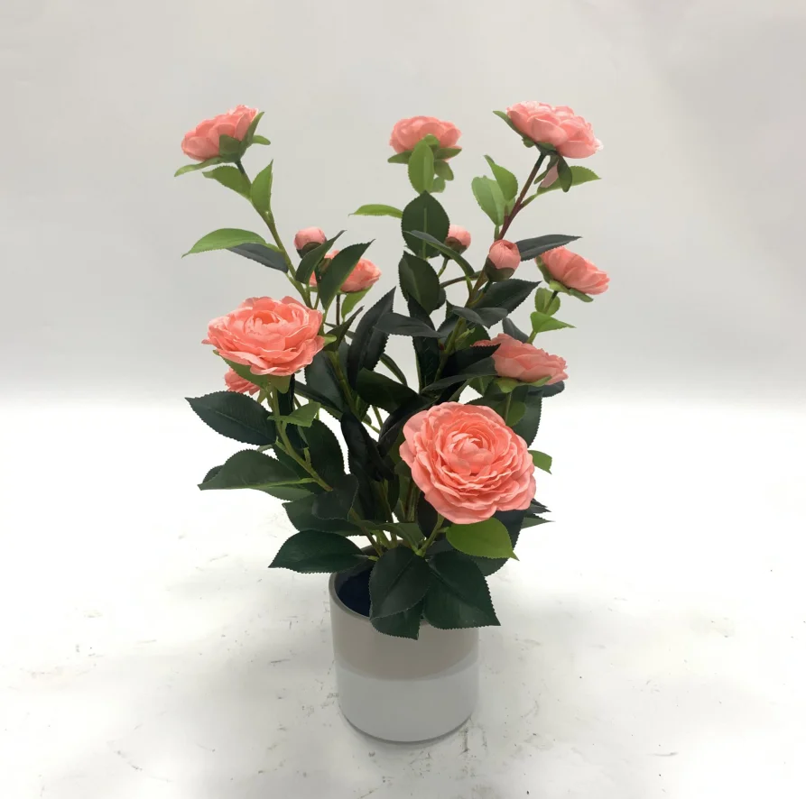 Customized Plastic Bonsai Flower Camellia Green Plant Artificial Rose Tree With Pot for Home Decor