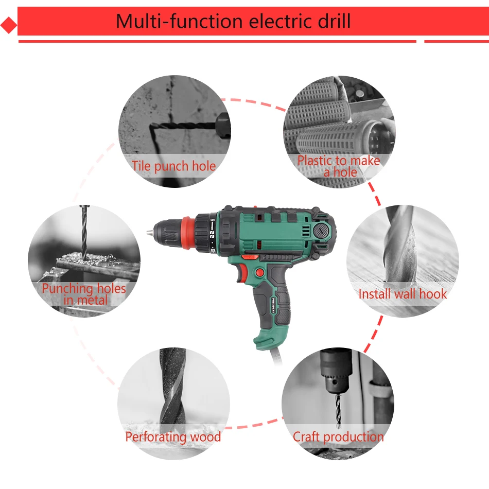 40N.m Torque Drill Tool,230V Corded Power Drill in Electric Drills with 10mm Quick-Release Chuck,Cord Screwdriver 26PC Accessory