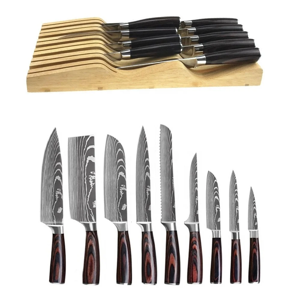 8pcs Kitchen Chef Knives Set 8 inch Japanese 4CR13 High Carbon Stainless Steel Damascus Laser Pattern Slicing Santoku Tool