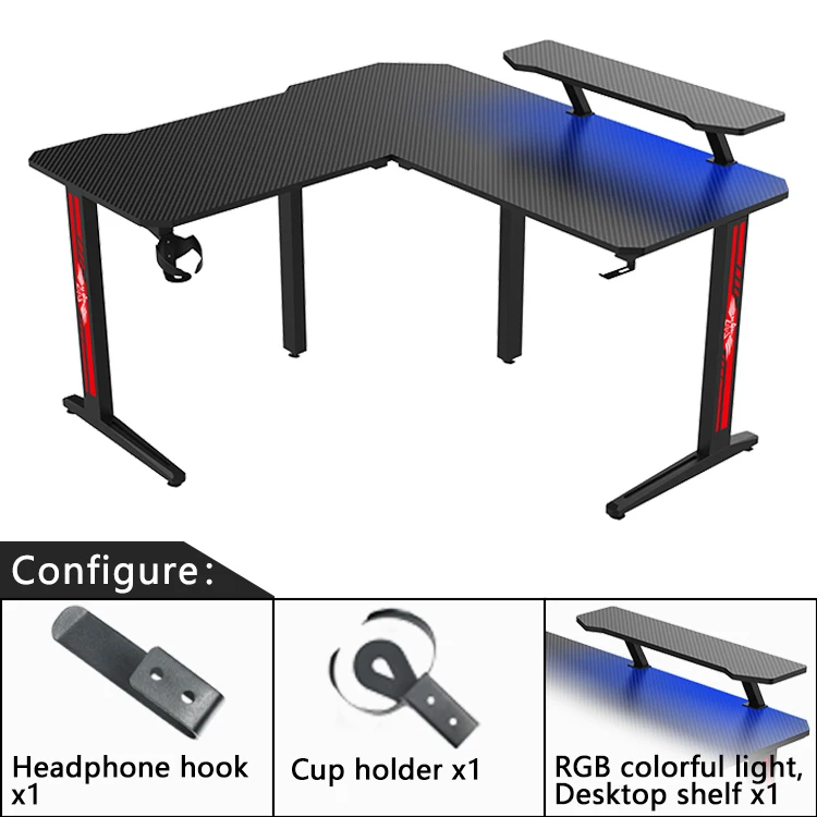Large desktop L shaped with monitor stand computer table gaming desk gamer custom black big modern gaming adjustable desk