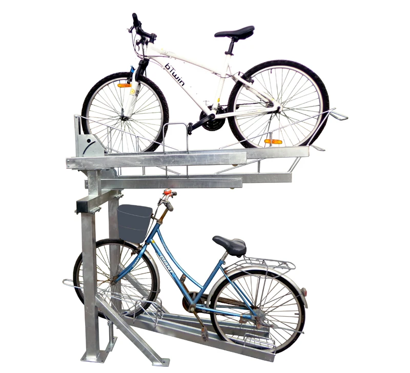 Outdoor gas pneumatic assisted hot dip galvanized double decker stack 2 two tier bicycle parking storage facilities rack