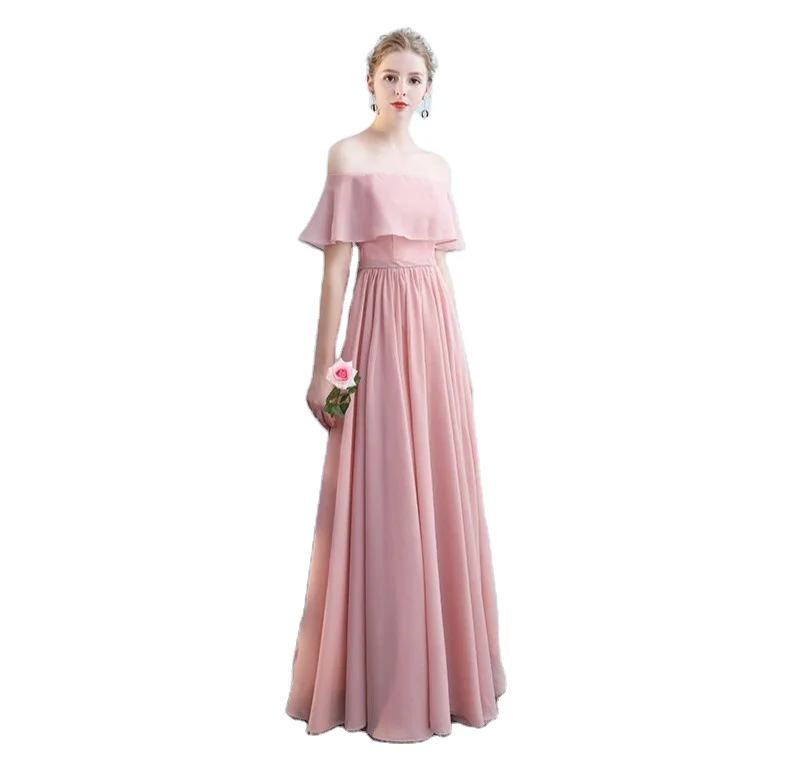 
2021 Spring Cheapest Chiffon Off Shoulder Pink Backless Evening Dinner Long Loose Plus Size Bridesmaid Dresses  (1600216834817)