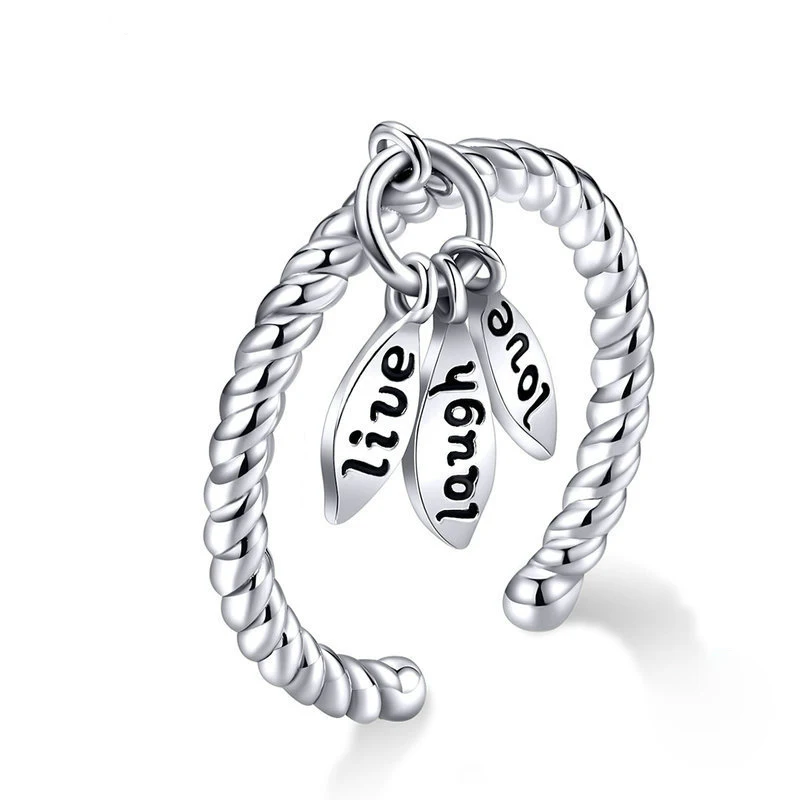  925 sterling silver jewelry twisted leaves letter love life charm open rings