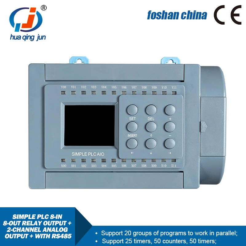 Huaqingjun 8-in 8-out Relay Output PLC Plus 2-Channel Analog Outputs 0-20mA with RS485 Communication for Touch Screen