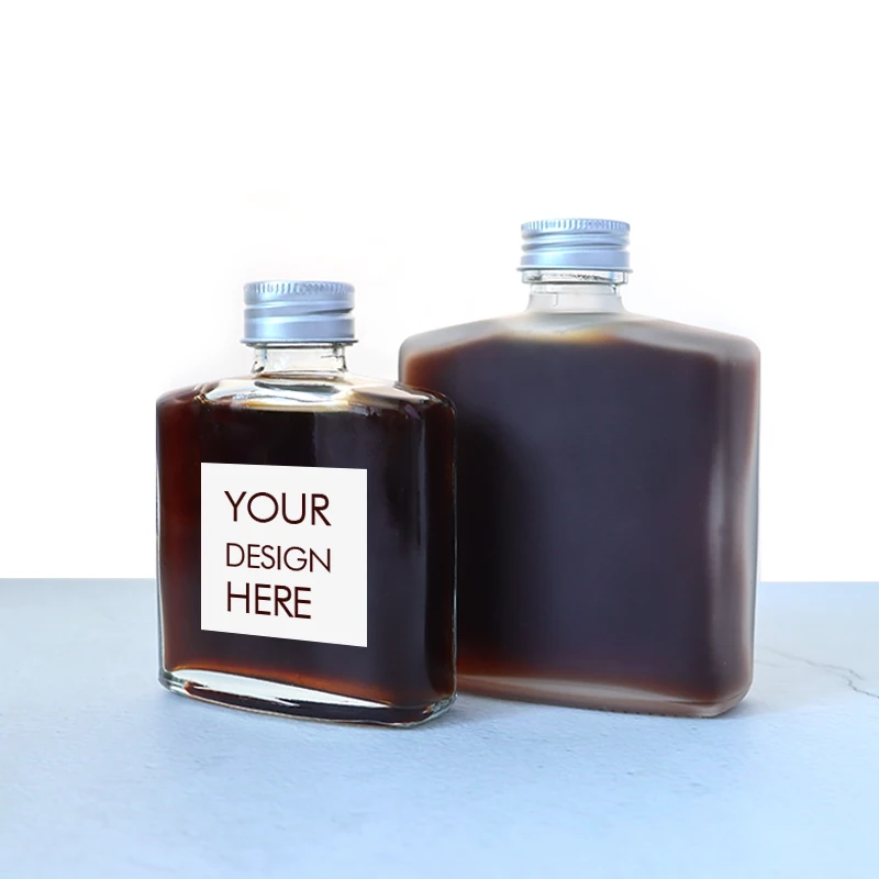 In stock 50ml 100ml 200ml 250ml  bevel shoulder flat  cold brew coffee bottle custom color black  flat glass drinking bottles