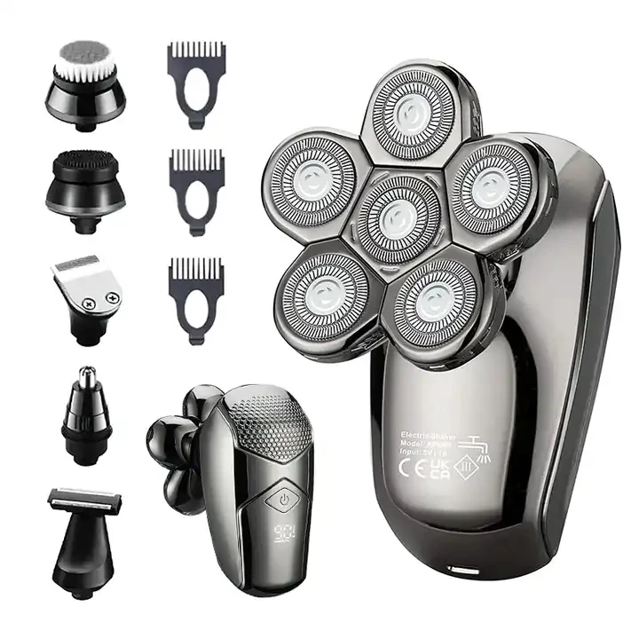 Waterproof IPX7 6D Men Rechargeable Bald Head Electric Shaver for 5 in 1 Heads Beard Nose Ear Hair Trimmer
