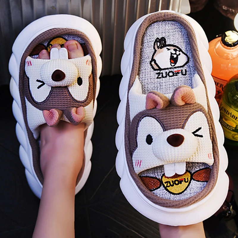 2022 Wholesale Women Indoor Cool Flax Comfy Slides Fashion Home Summer Cute Small Animal Slippers With Linen