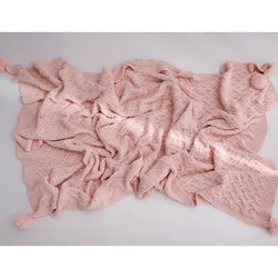 Wholesale Baby Cotton Knit Cover Throw Blanket Baby Pom Poms Knitted Blanket Custom