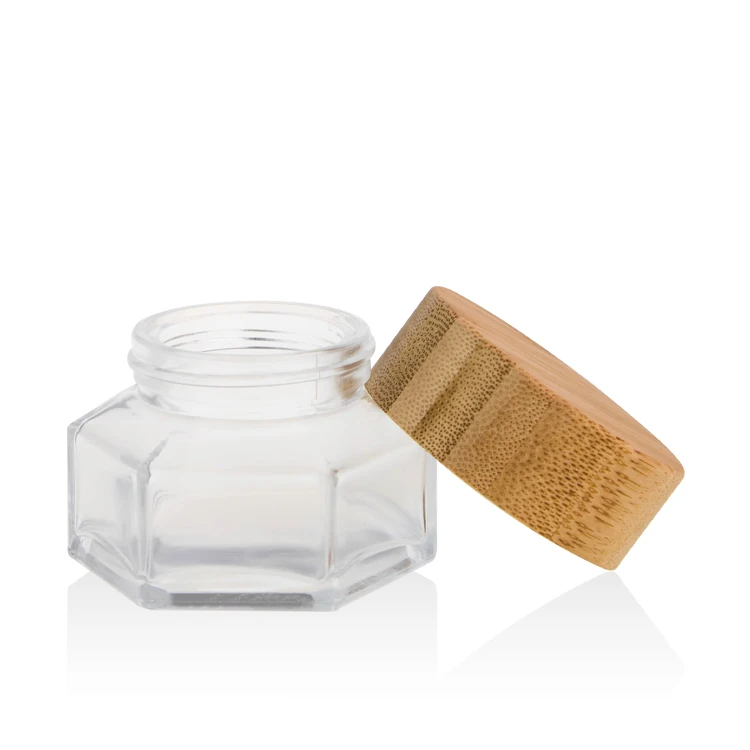 High quality Beauty cosmetic packaging 50g Clear Glass cylinder cream jar with bamboo cap