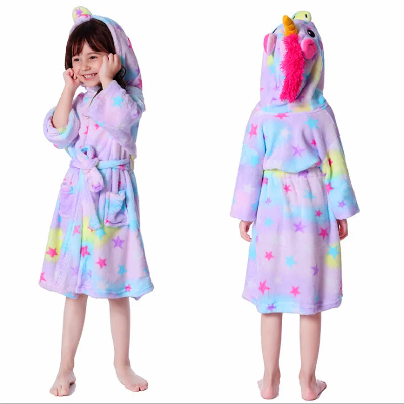 
Hooded Plush Robe Animal Fleece Kids Rainbow Unicorn Sleepwear Bathrobe Pajamas 